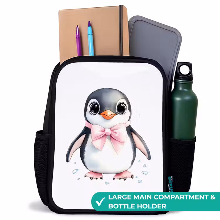 Kids backpack - Black - Penguin with pink bow and ice drops — 10