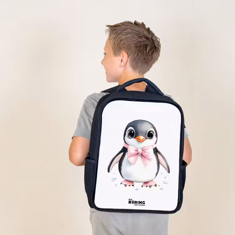 Kids backpack - Black - Penguin with pink bow and ice drops — 2
