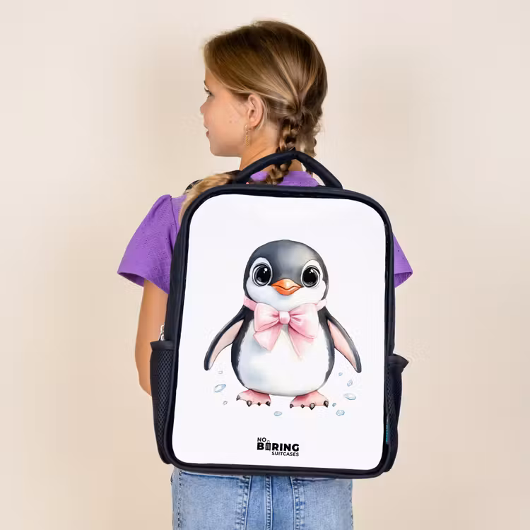 Kids backpack - Black - Penguin with pink bow and ice drops — 4