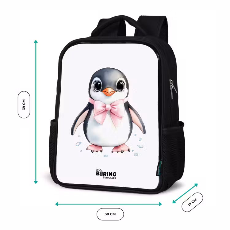 Kids backpack - Black - Penguin with pink bow and ice drops — 8