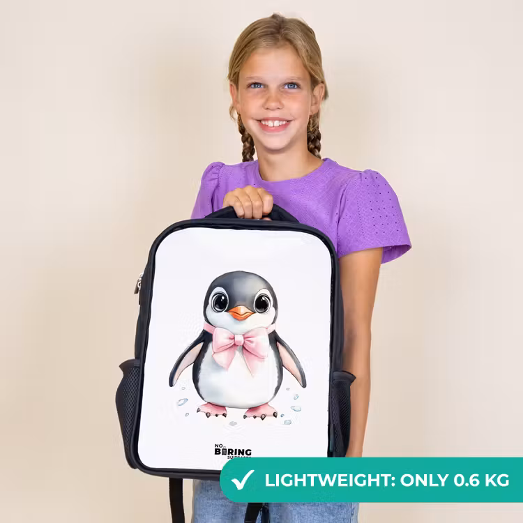 Kids backpack - Black - Penguin with pink bow and ice drops — 9