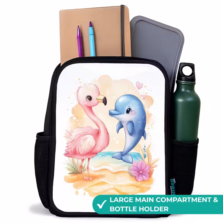 Kids backpack - Black - Pink flamingo and blue dolphin on a beach — 10
