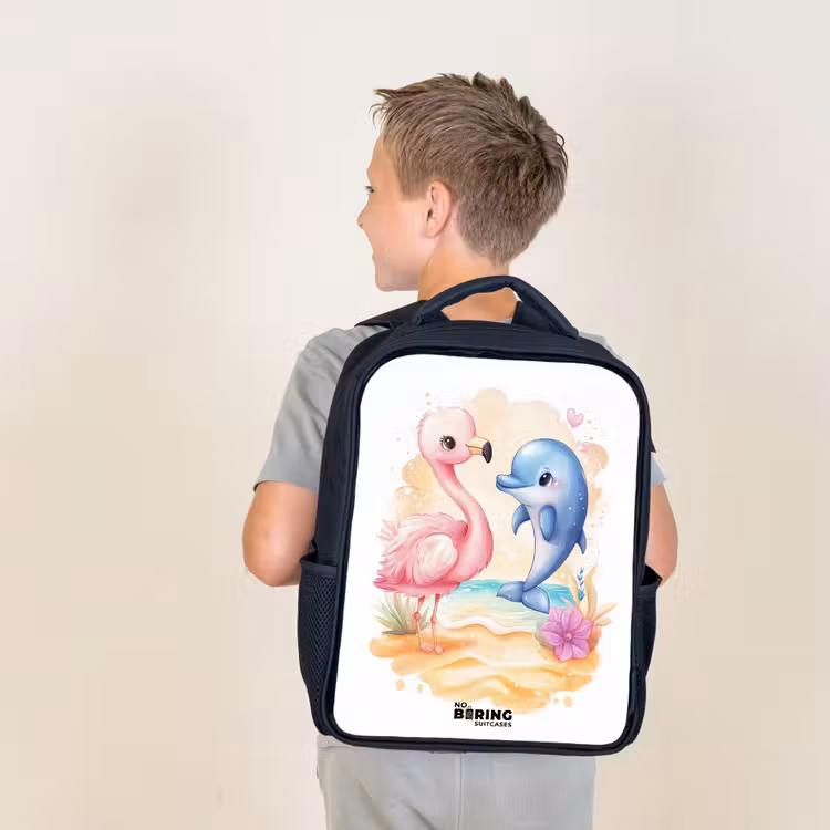 Kids backpack - Black - Pink flamingo and blue dolphin on a beach — 2