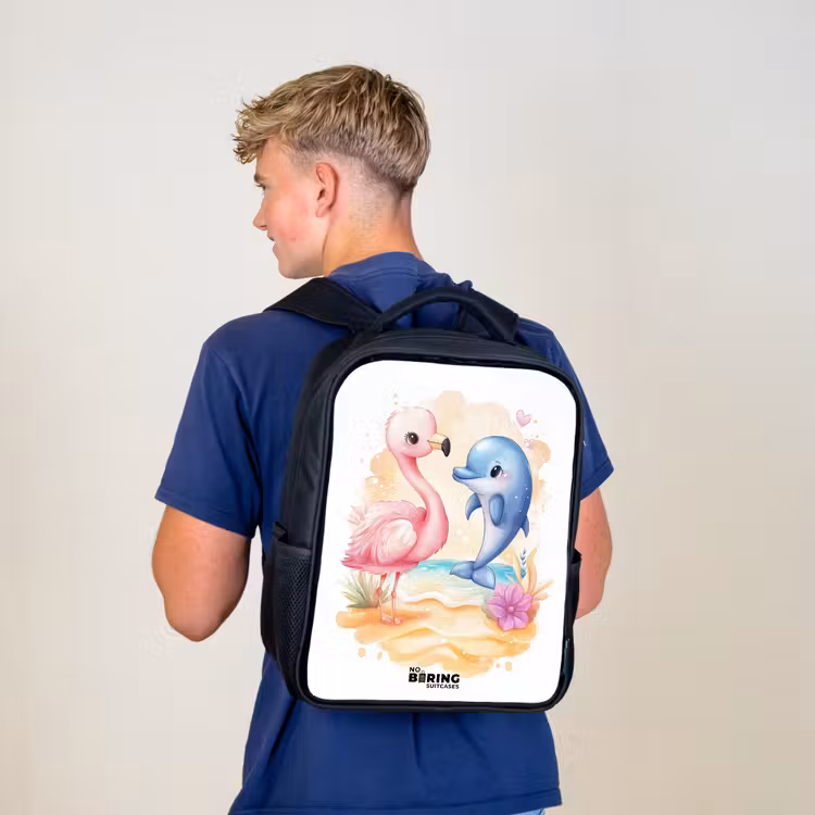 Kids backpack - Black - Pink flamingo and blue dolphin on a beach — 5