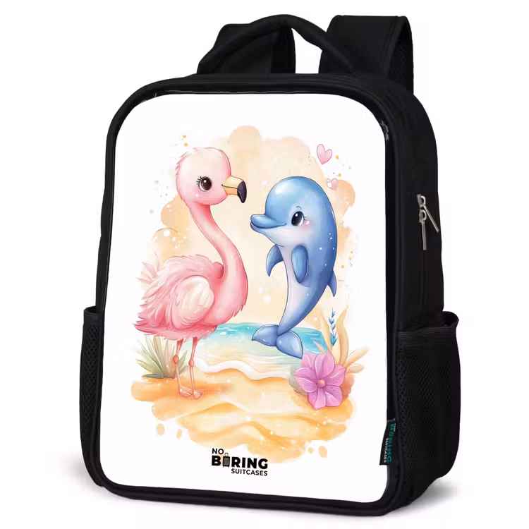 Kids backpack - Black - Pink flamingo and blue dolphin on a beach — 6