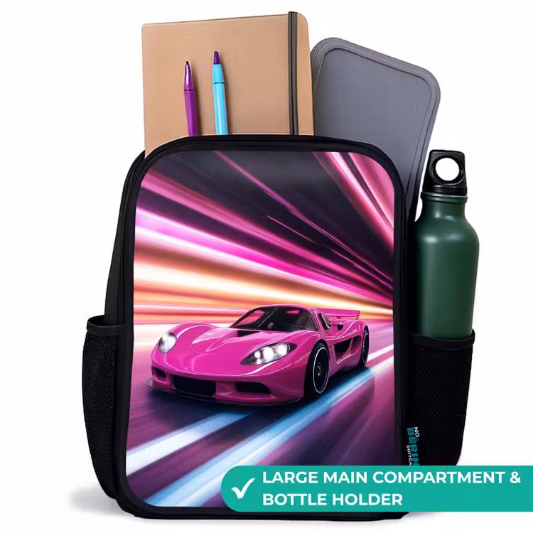 Kids backpack - Black - Pink race car flashes through neon light — 10