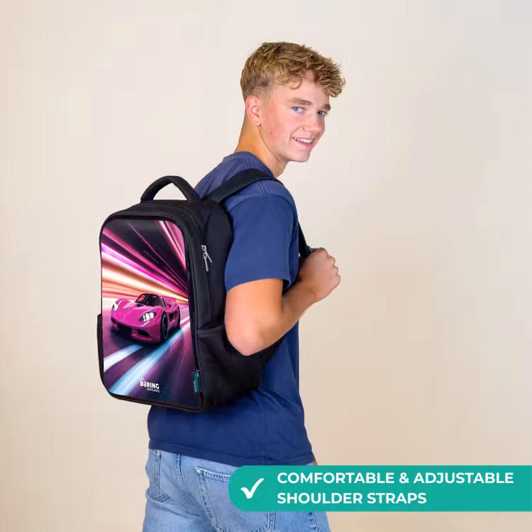 Kids backpack - Black - Pink race car flashes through neon light — 11
