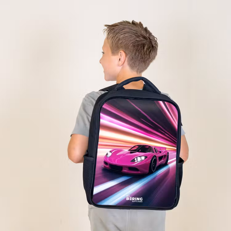 Kids backpack - Black - Pink race car flashes through neon light — 2