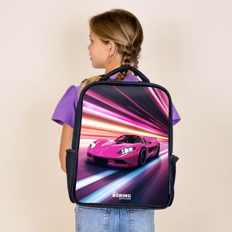 Kids backpack - Black - Pink race car flashes through neon light — 4