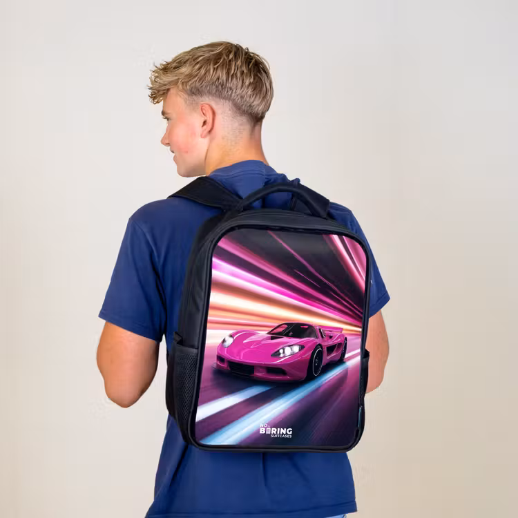 Kids backpack - Black - Pink race car flashes through neon light — 5