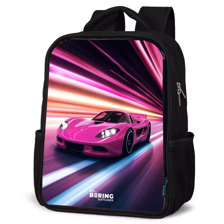 Kids backpack - Black - Pink race car flashes through neon light — 6