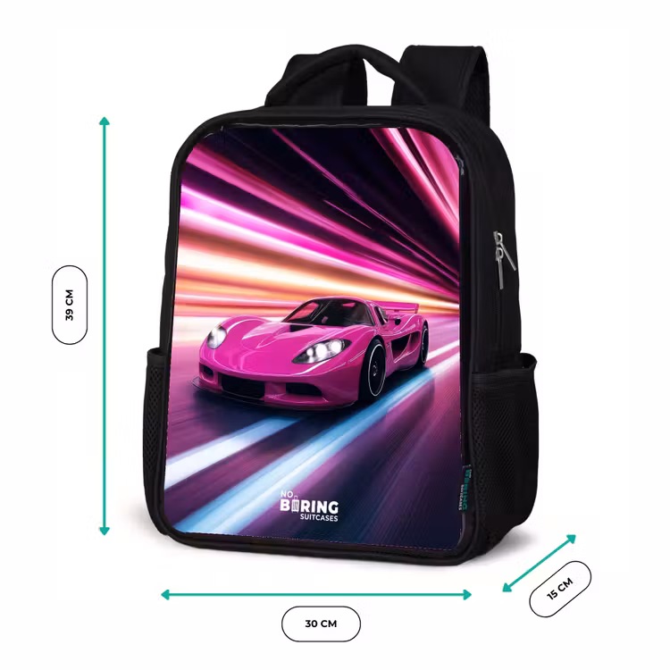 Kids backpack - Black - Pink race car flashes through neon light — 8