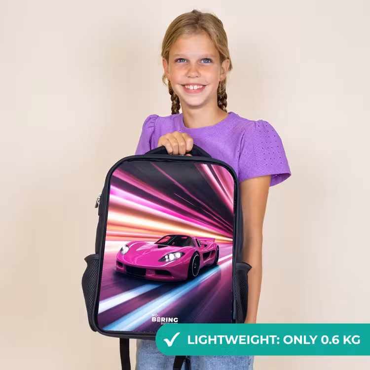 Kids backpack - Black - Pink race car flashes through neon light — 9