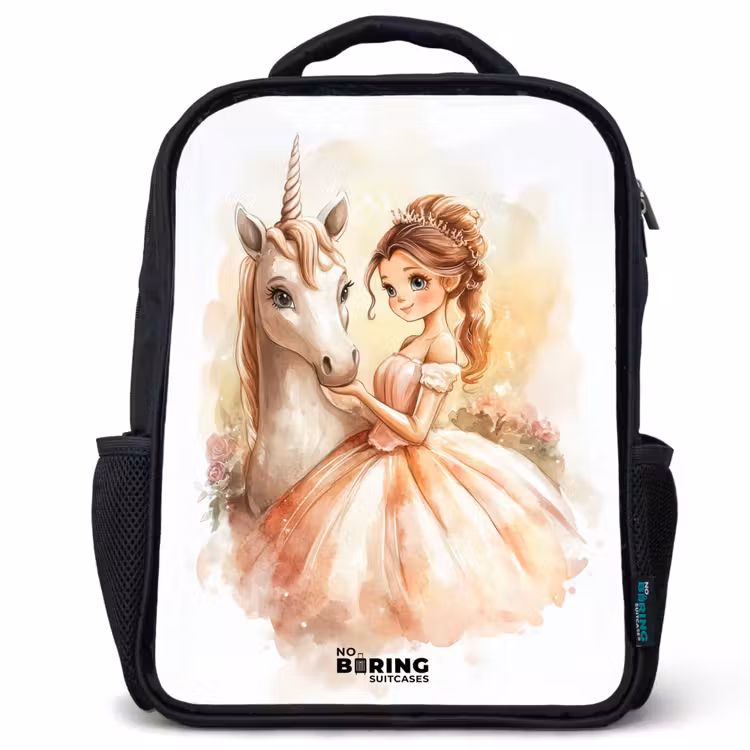 Kids backpack - Black - Princess in dress with white unicorn — 1