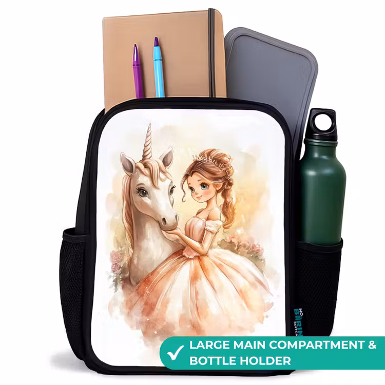 Kids backpack - Black - Princess in dress with white unicorn — 10