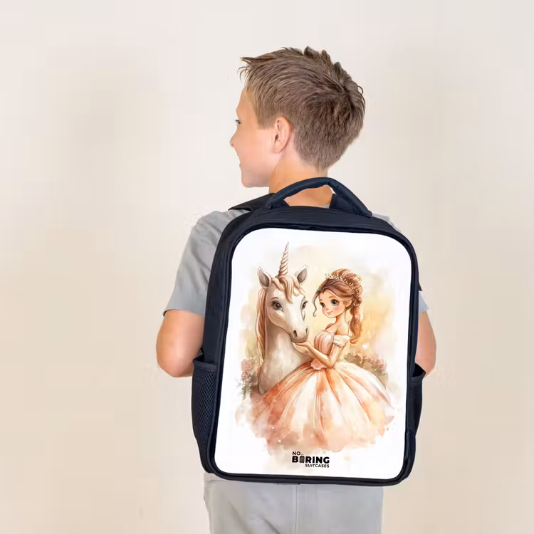 Kids backpack - Black - Princess in dress with white unicorn — 2
