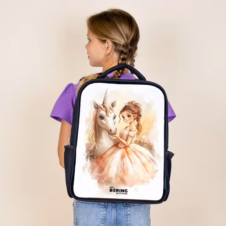 Kids backpack - Black - Princess in dress with white unicorn — 4