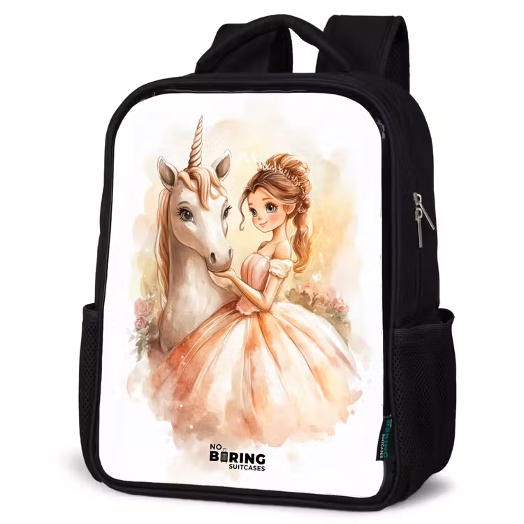 Kids backpack - Black - Princess in dress with white unicorn — 6