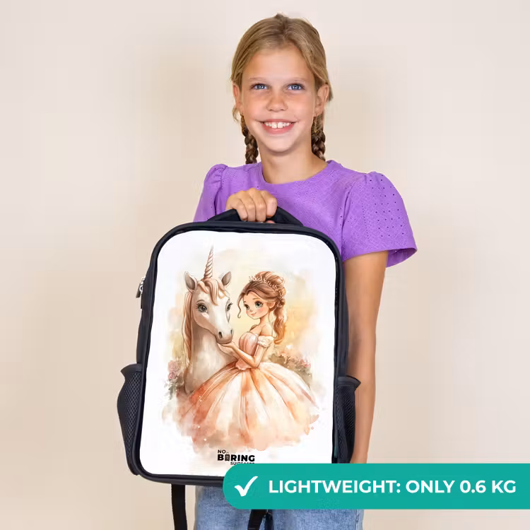 Kids backpack - Black - Princess in dress with white unicorn — 9
