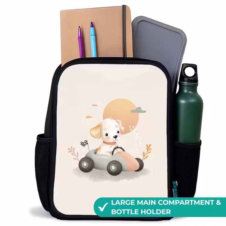Kids backpack - Black - Puppy in a race car in beige colors — 10