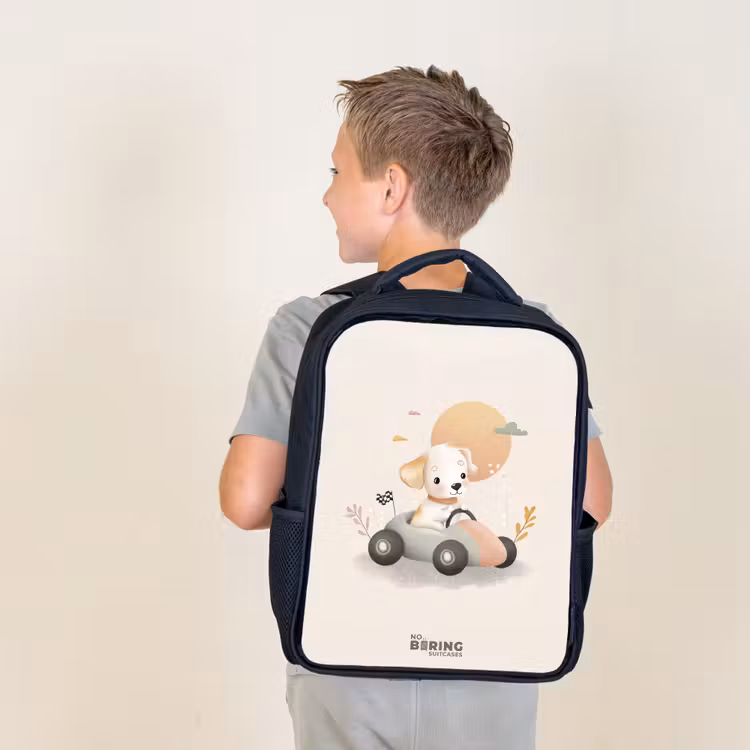 Kids backpack - Black - Puppy in a race car in beige colors — 2