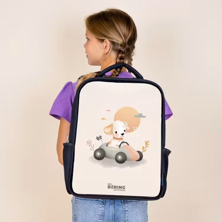 Kids backpack - Black - Puppy in a race car in beige colors — 4
