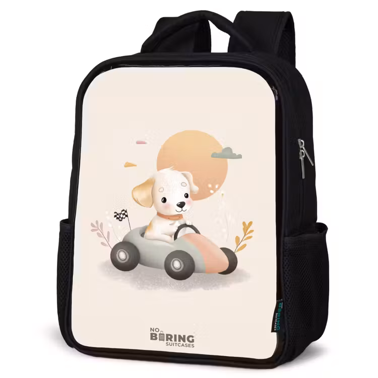 Kids backpack - Black - Puppy in a race car in beige colors — 6