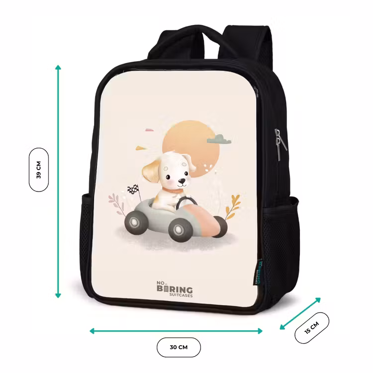Kids backpack - Black - Puppy in a race car in beige colors — 8