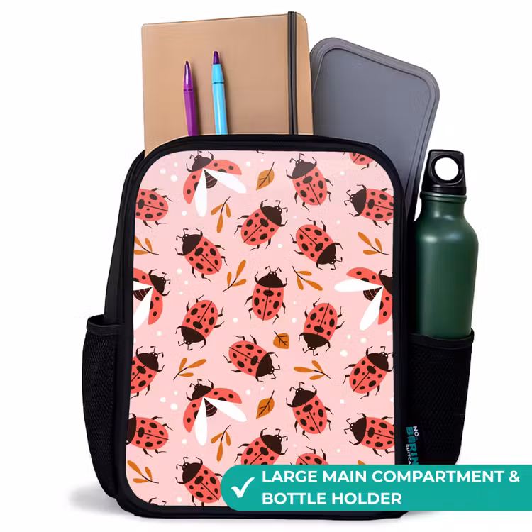 Kids backpack - Black - Red ladybugs on pink background — 10