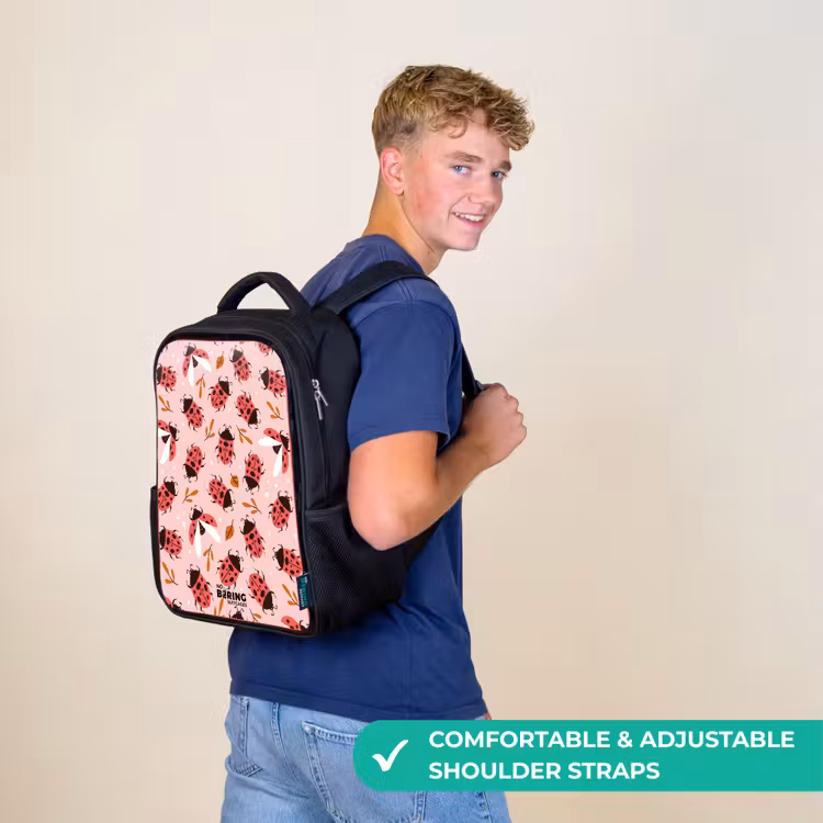 Kids backpack - Black - Red ladybugs on pink background — 11