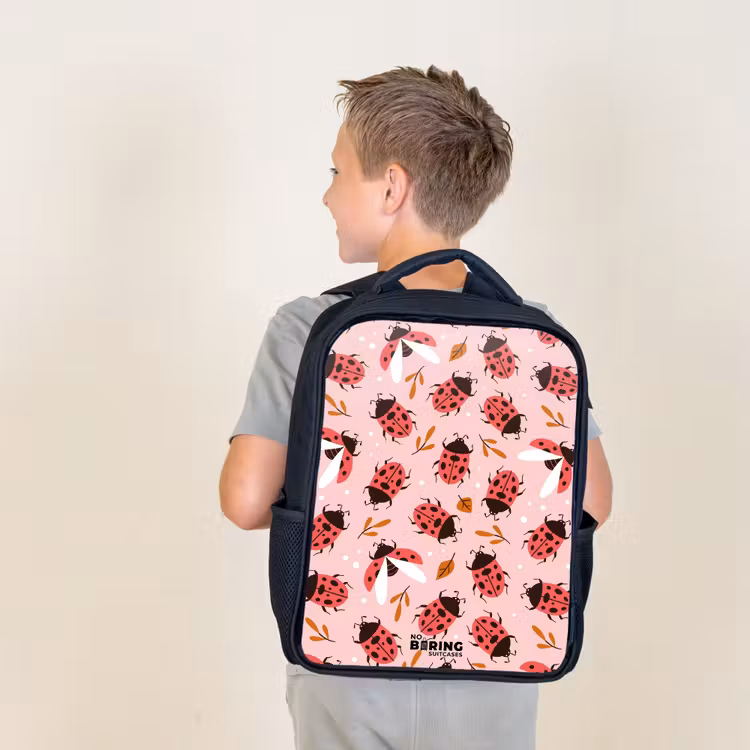 Kids backpack - Black - Red ladybugs on pink background — 2