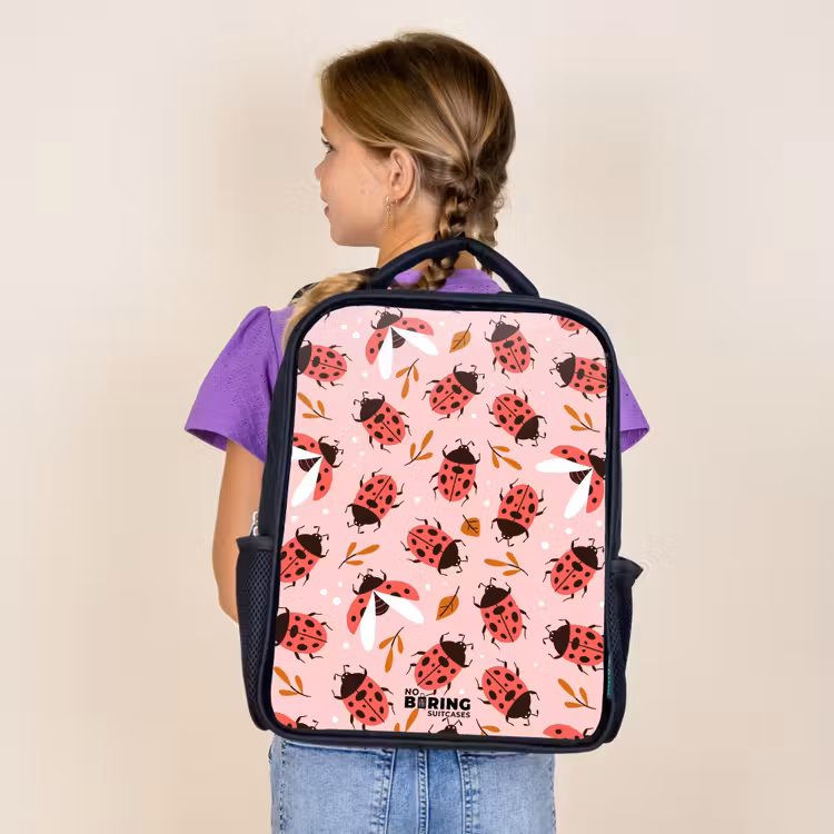 Kids backpack - Black - Red ladybugs on pink background — 4