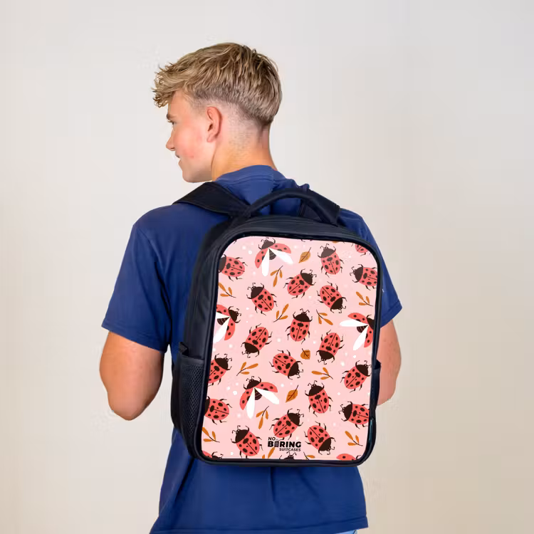 Kids backpack - Black - Red ladybugs on pink background — 5