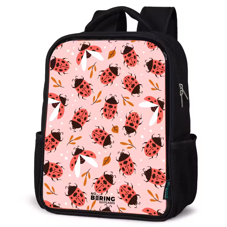 Kids backpack - Black - Red ladybugs on pink background — 6