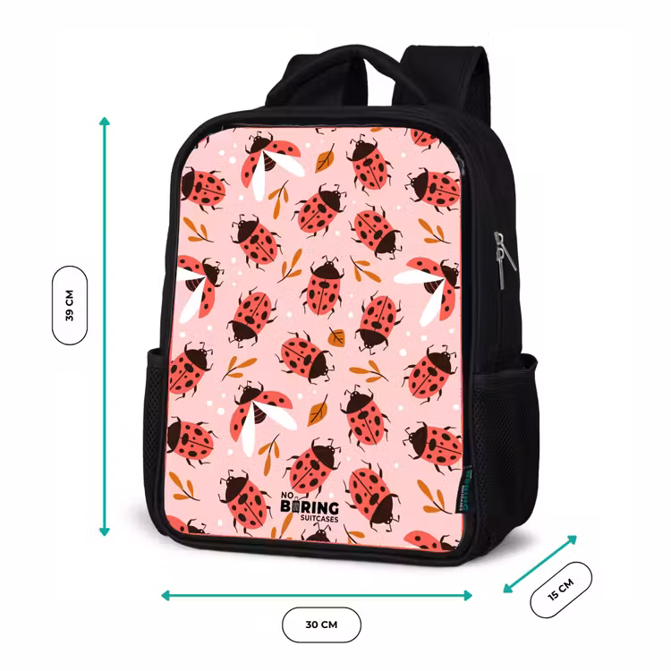 Kids backpack - Black - Red ladybugs on pink background — 8