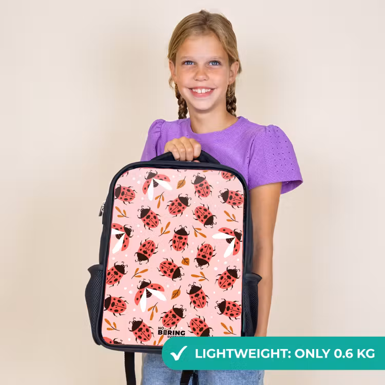 Kids backpack - Black - Red ladybugs on pink background — 9