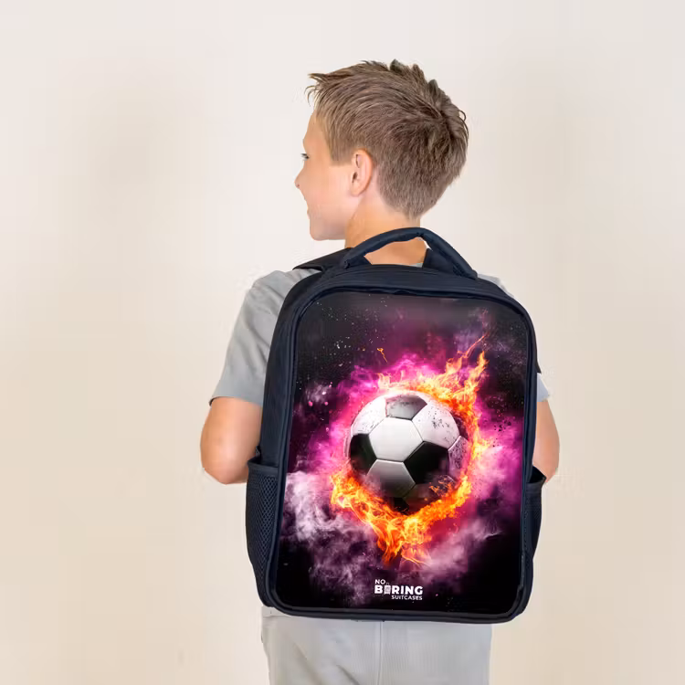 Kids backpack - Black - Soccer in pink fire explosion — 2
