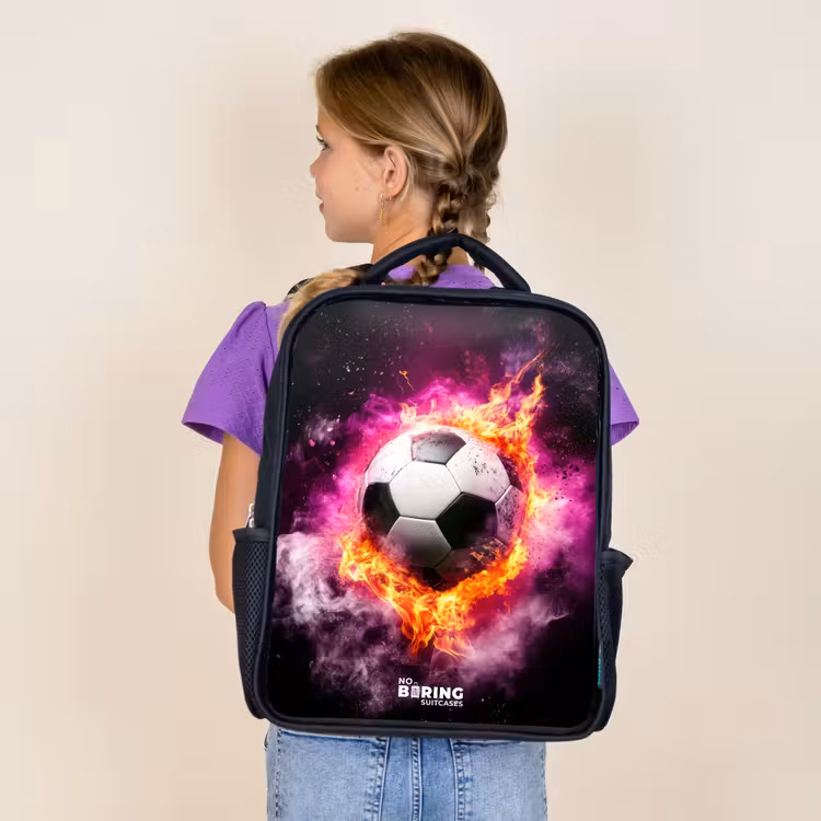 Kids backpack - Black - Soccer in pink fire explosion — 4