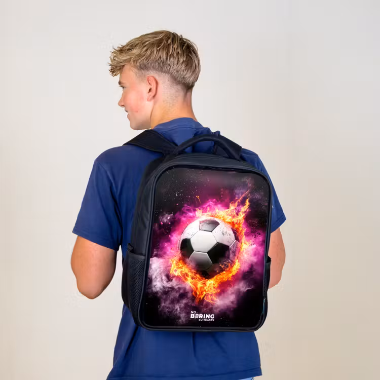 Kids backpack - Black - Soccer in pink fire explosion — 5
