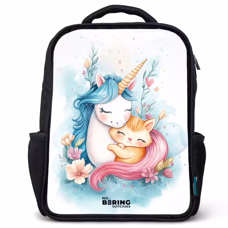 Kids backpack - Black - Unicorn with blue mane and orange kitten — 1