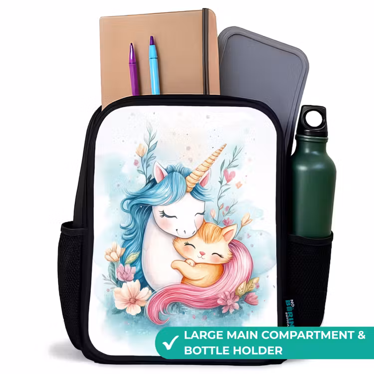 Kids backpack - Black - Unicorn with blue mane and orange kitten — 10