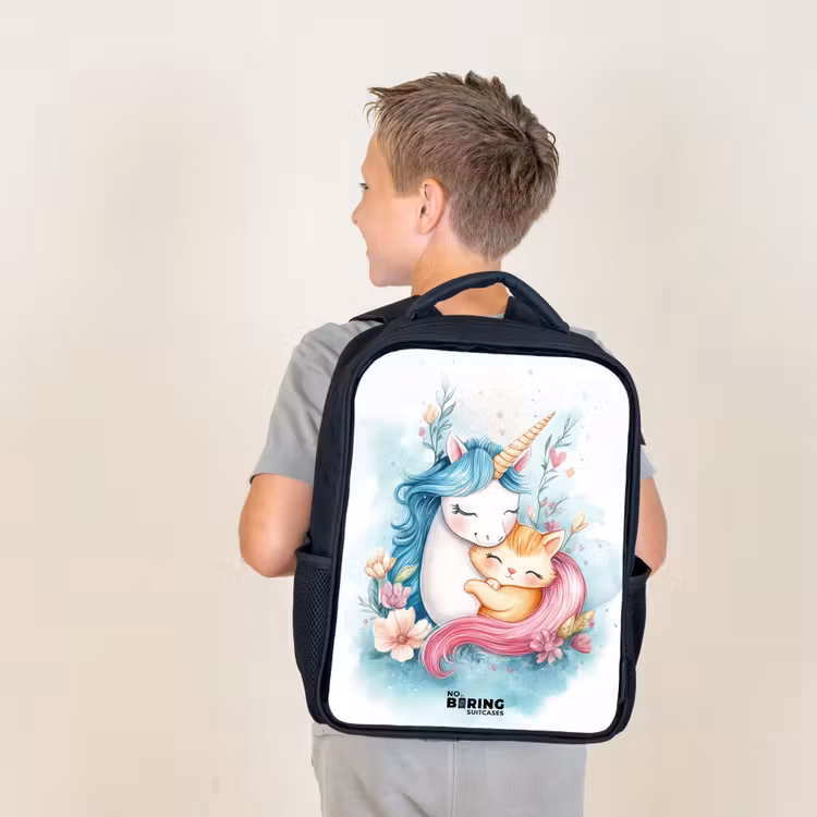 Kids backpack - Black - Unicorn with blue mane and orange kitten — 2