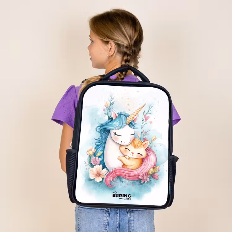 Kids backpack - Black - Unicorn with blue mane and orange kitten — 4
