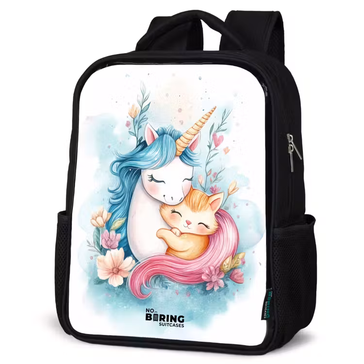 Kids backpack - Black - Unicorn with blue mane and orange kitten — 6