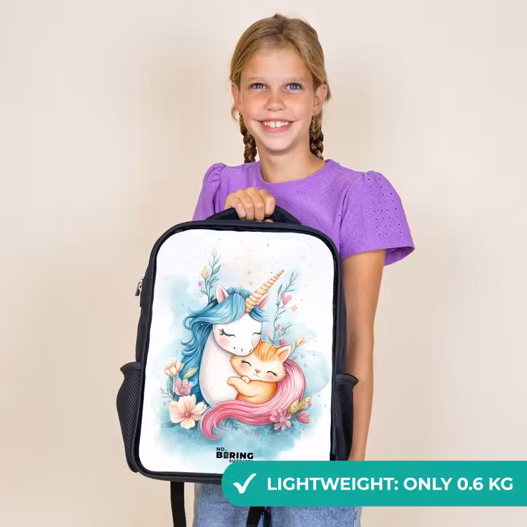 Kids backpack - Black - Unicorn with blue mane and orange kitten — 9