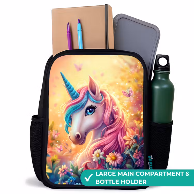 Kids backpack - Black - Unicorn with colorful flowers — 10