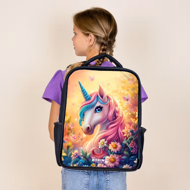 Kids backpack - Black - Unicorn with colorful flowers — 4