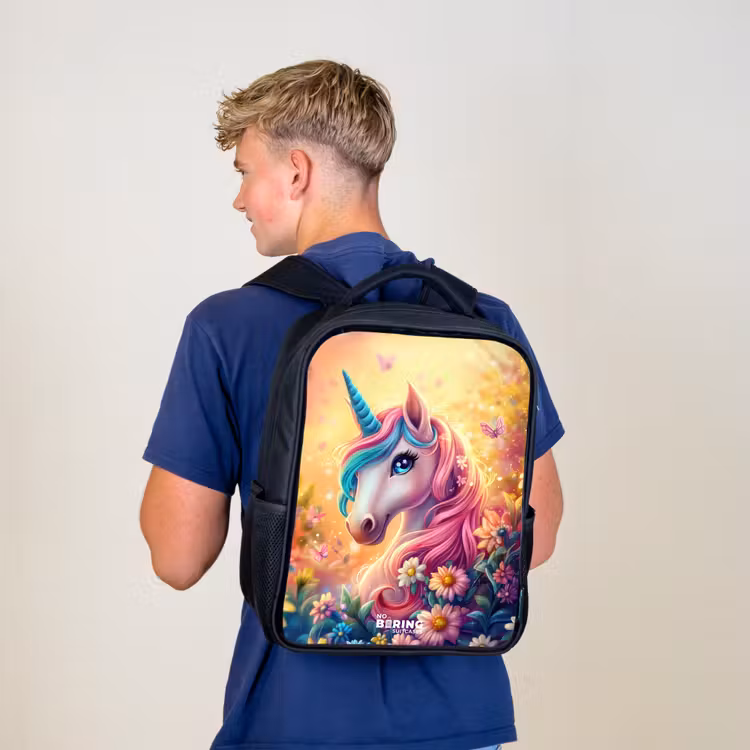 Kids backpack - Black - Unicorn with colorful flowers — 5