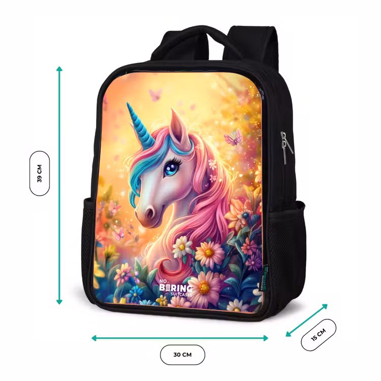 Kids backpack - Black - Unicorn with colorful flowers — 8