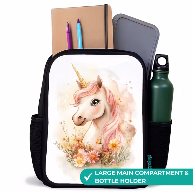 Kids backpack - Black - Unicorn with pink mane among pastel flowers — 10